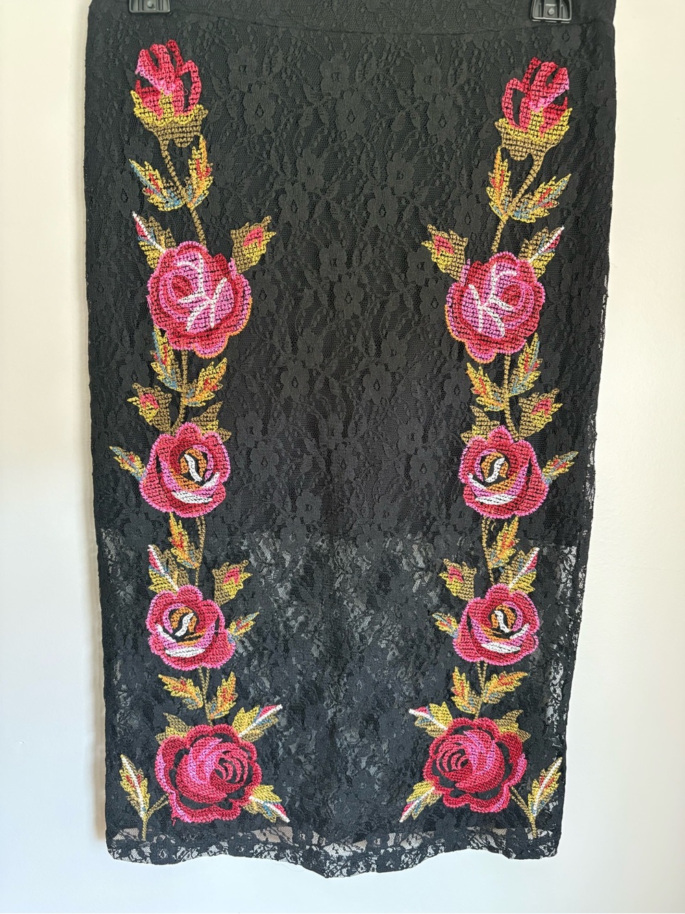 Topshop Black Lace Pencil Skirt Pink Cross stitch Floral Embroidery Whimsigoth